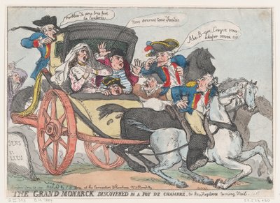 De Grote Monarch ontdekt in een pot de chambre, of de vluchtelingen keren terug... door Thomas Rowlandson