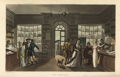 De Bibliotheek. Klanten, waaronder een vrouw en haar zwarte bediende, kijken naar nieuwe boeken in een uitleenbibliotheek door Thomas Rowlandson