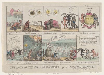 De liefdes van de vos en de das, of de coalitiebruiloft door Thomas Rowlandson