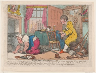 De ellende van het menselijk leven: Vroeg opstaan op een koude sombere ochtend, 9 oktober 1807 door Thomas Rowlandson