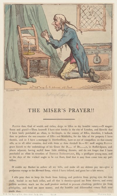 Het gebed van de vrek, 10 februari 1801 door Thomas Rowlandson