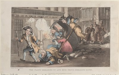 Het feest loopt ten einde, en Quae Genus stort in, uit De geschiedenis van John..., 1 december 1821 door Thomas Rowlandson