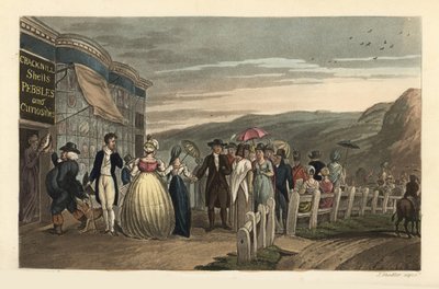 De Promenade: modieuze toeristen wandelen buiten Cracknill Schelpen, Kiezels en Curiosa Winkel. Handgekleurde kopergravure door Thomas Rowlandson, aquatint door J.C. Stadler, naar een schets van J. Green uit Poetical Sketches of Scarborough, Ackermann, Lon door Thomas Rowlandson