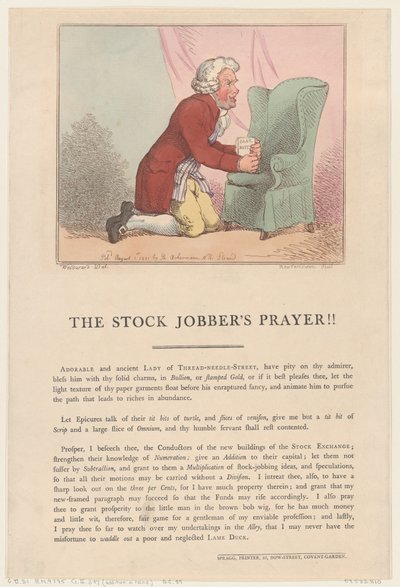 Het gebed van de aandelenhandelaar!!, 1 augustus 1801 door Thomas Rowlandson