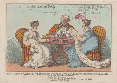 Het triumviraat van Gloucester Place, of De Clarke, De Soldaat, en De Taylor, 1809 door Thomas Rowlandson