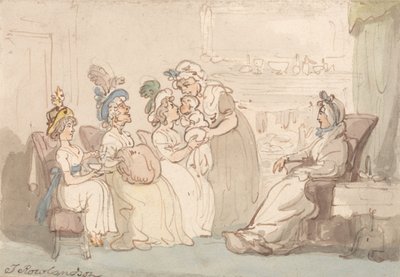 De bezoekers krijgen de baby te zien door Thomas Rowlandson