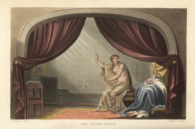 Het warme bad: naakte vrouw neemt een bad achter gordijnen in een Regency-kamer. Zegt een portret te zijn van Mary Robinson, minnares van koning George IV. Handgekleurde kopergravure door Thomas Rowlandson, aquatint door J. Bluck, naar een schets van J. Gr door Thomas Rowlandson