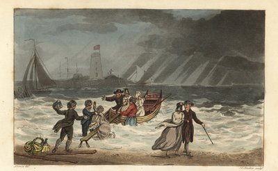 Het Waterfeest: toeristen verlaten een zeereis vanwege slecht weer. Handgekleurde kopergravure door Thomas Rowlandson, aquatint door J.C. Stadler, naar een schets van J. Green uit Poetical Sketches of Scarborough, Ackermann, Londen door Thomas Rowlandson
