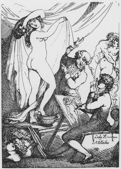 De toekomstige Lady Hamilton poseert als Hygeia, godin van de gezondheid, in Dr James Graham