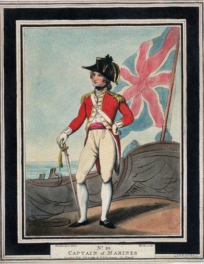 De marinekapitein, in de Royal Navy, in de 18e eeuw. Kleurgravure door Thomas Rowlandson