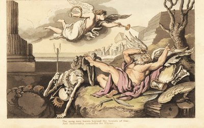 Het skelet van de Dood en Vader Tijd liggen onder de engel van de Eeuwigheid. Handgekleurde kopergravure getekend en gegraveerd door Thomas Rowlandson uit The English Dance of Death, Ackermann, Londen door Thomas Rowlandson