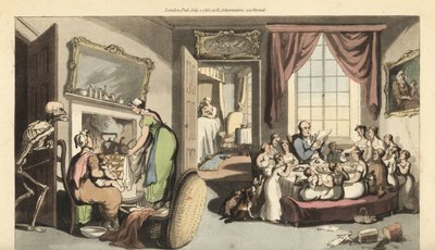 De skelet van de Dood verschijnt in de woonkamer van een groot gezin om een kind of pasgeboren baby te halen. Handgekleurde kopergravure door Thomas Rowlandson uit The English Dance of Death, Ackermann, Londen door Thomas Rowlandson