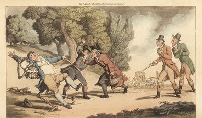 Het skelet van de Dood voert een gewonde man weg na een fatale duel met pistolen in een park door Thomas Rowlandson