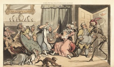 De skelet van de Dood komt voor Miss Mustard, een van de oude vrijgezellen die kaarten speelt in een salon. Handgekleurde kopergravure door Thomas Rowlandson uit The English Dance of Death, Ackermann, Londen door Thomas Rowlandson
