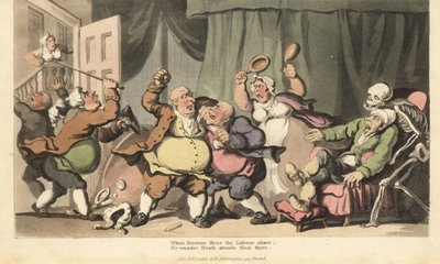 Het skelet van de Dood komt voor een zieke man terwijl drie kwakzalvers vechten, en een dienstmeid hen aanvalt met pispotten in de Kameroorlog door Thomas Rowlandson