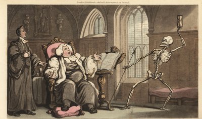 Het skelet van de Dood komt voor de Bisschop in de abdij door Thomas Rowlandson