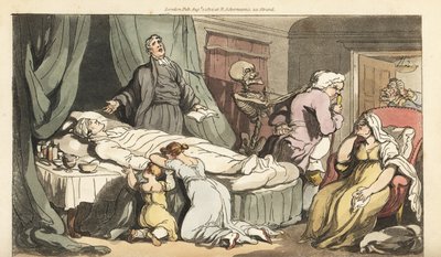 De skelet van de Dood komt voor de dokter, terwijl de priester bidt over het dode lichaam van een goede man die wordt betreurd door zijn vrouw en kind. Handgekleurde kopergravure door Thomas Rowlandson uit The English Dance of Death, Ackermann, Londen door Thomas Rowlandson
