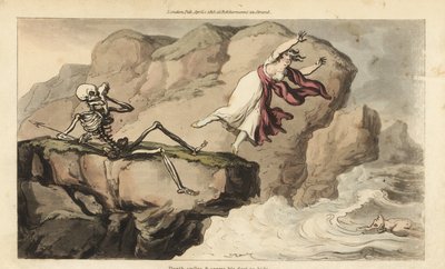 De dood houdt een zakdoek voor zijn oogkas terwijl een vrouw zelfmoord pleegt om zich bij haar verdronken geliefde te voegen door Thomas Rowlandson