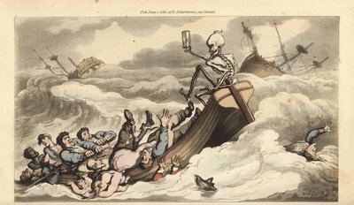 Het skelet van de Dood houdt het roer van een roeiboot die ontsnapt aan een schipbreuk, terwijl de wanhopige bemanning naar de kust roeit en passagiers verdrinken in de golven. Handgekleurde kopergravure getekend en gegraveerd door Thomas Rowlandson uit Th door Thomas Rowlandson