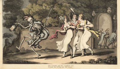 Het skelet van de Dood in mantel en hoed danst met een lantaarn voor een dandy in uniform en twee schoonheden in mousseline jurken en sjaals door Thomas Rowlandson