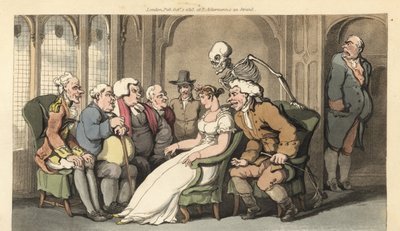 De skelet van de Dood voegt zich bij een groep vrijers voor de mooie erfgename Belinda en verslaat de advocaat, dokter, dominee, Quaker, kolonel en baronet voor de prijs. Handgekleurde kopergravure getekend en gegraveerd door Thomas Rowlandson uit The Engl door Thomas Rowlandson