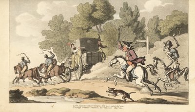 Het skelet van de Dood voegt zich bij een boze vader terwijl hij probeert zijn enige dochter te stoppen die met een soldaat naar Gretna Green vlucht door Thomas Rowlandson
