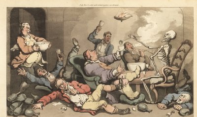 Het skelet van de Dood schenkt punch in een glas van een ceremoniemeester met jicht op een luidruchtig Georgisch drinkfeest. Handgekleurde kopergravure getekend en gegraveerd door Thomas Rowlandson uit The English Dance of Death, Ackermann, Londen door Thomas Rowlandson