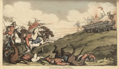 Het skelet van de Dood vuurt een kanonsalvo af op een Engelse cavalerieaanval. Handgekleurde kopergravure getekend en gegraveerd door Thomas Rowlandson uit The English Dance of Death, Ackermann, Londen door Thomas Rowlandson