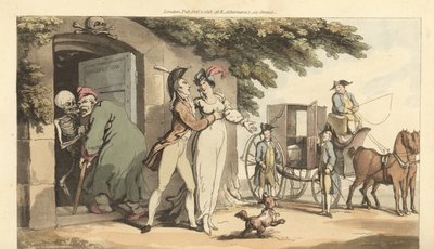 Het skelet van de Dood leidt een oude man naar een mausoleum, waardoor zijn jonge weduwe vrij is om te hertrouwen. Handgekleurde kopergravure getekend en gegraveerd door Thomas Rowlandson uit The English Dance of Death, Ackermann, Londen door Thomas Rowlandson