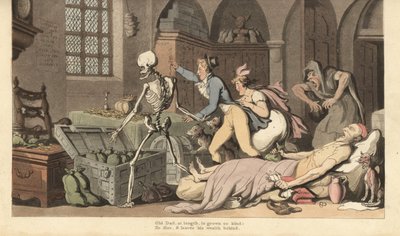 De dood leidt hebzuchtige kinderen naar de kist met goud van een vrek door Thomas Rowlandson