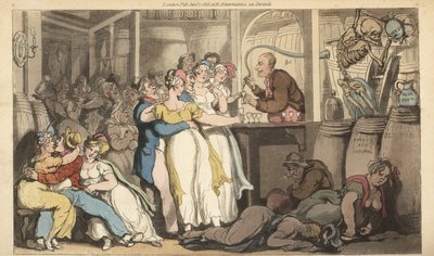 De dood giet vitriool en aqua fortis in de vaten in een drankwinkel door Thomas Rowlandson