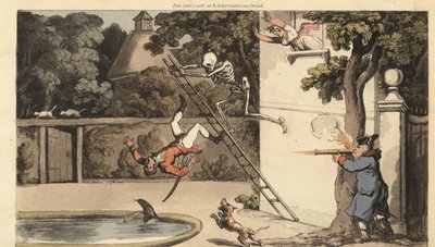 Het skelet van de Dood duwt een ladder weg van een muur en doodt een galante minnaar terwijl hij probeert te vluchten met een schoonheid. De vader van het meisje schiet met een musket op de vallende man. Handgekleurde kopergravure getekend en gegraveerd do door Thomas Rowlandson