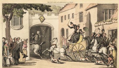 De skelet van de Dood rijdt voor een hoge tandem die de volgende erfgenaam naar zijn ondergang draagt onder een lage boog. Handgekleurde koperplaat getekend en gegraveerd door Thomas Rowlandson uit The English Dance of Death, Ackermann, Londen door Thomas Rowlandson
