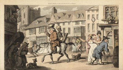Het skelet van de Dood rijdt op een paard met een kwakzalver, terwijl alleen de dorpsbegrafenisondernemer zijn dood betreurt. Handgekleurde kopergravure getekend en gegraveerd door Thomas Rowlandson uit The English Dance of Death, Ackermann, Londen door Thomas Rowlandson