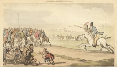 De skelet van de Dood rijdt met een man naar de finish op een renbaan, terwijl kinderen een spelletje lotto spelen. Handgekleurde kopergravure getekend en gegraveerd door Thomas Rowlandson uit The English Dance of Death, Ackermann, Londen door Thomas Rowlandson