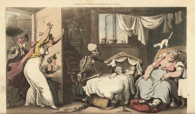 Het skelet van de Dood wiegt de wieg van een baby terwijl de oppas slaapt en de ontredderde moeder thuiskomt. Handgekleurde kopergravure getekend en gegraveerd door Thomas Rowlandson uit The English Dance of Death, Ackermann, Londen door Thomas Rowlandson