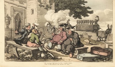 Het skelet van de Dood rookt een pijp op een grafsteen met mannen die hun brood verdienen met de dood door Thomas Rowlandson