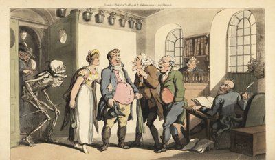 De dood verrast Ned Freeman terwijl hij het verzekeringskantoor bezoekt door Thomas Rowlandson