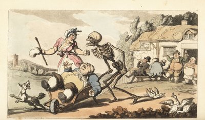 Het skelet van de Dood neemt de dronken Sot mee in een kruiwagen, terwijl andere dronkaards plezier maken voor de pub The Goat. Handgekleurde koperplaat getekend en gegraveerd door Thomas Rowlandson uit The English Dance of Death, Ackermann, Londen door Thomas Rowlandson