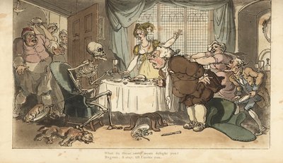 De skelet van de Dood met pijl en zandloper komt voor de gulzigaard tijdens het diner. Handgekleurde kopergravure getekend en gegraveerd door Thomas Rowlandson uit The English Dance of Death, Ackermann, Londen door Thomas Rowlandson