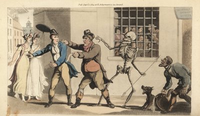 Het skelet van de Dood met zijn pijl neemt een deurwaarder mee terwijl hij probeert een schuld te innen van een heer op straat, terwijl vele andere schuldenaren toekijken vanuit de gevangenis. Handgekleurde kopergravure getekend en gegraveerd door Thomas R door Thomas Rowlandson