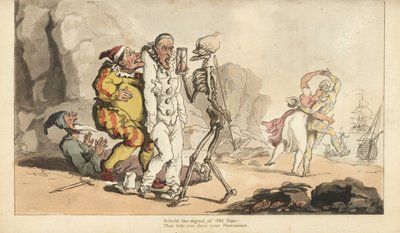 De skelet van de Dood met zandloper en pijl komt voor een Pierrot en andere clowns, terwijl een harlekijn danst met een vrouw op een strand door Thomas Rowlandson