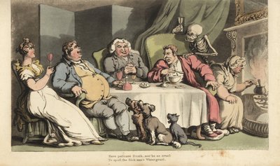 De skelet van de Dood met zandloper komt voor de zieke man terwijl hij pap eet aan de eettafel met zijn drinkende vrienden voor de open haard. Handgekleurde kopergravure door Thomas Rowlandson uit The English Dance of Death, Ackermann, Londen door Thomas Rowlandson