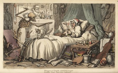 De skelet van de Dood met de antiquair in een slaapkamer gevuld met muziekinstrumenten, boeken, manuscripten, harnassen, een globe, een buste, ratten, enz. door Thomas Rowlandson