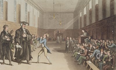 De strenge leraar, met zijn dreigende knik, roept de wijze correctie van de roede in, uit A Compendious Treatise on Modern Education, 1802 door Thomas Rowlandson