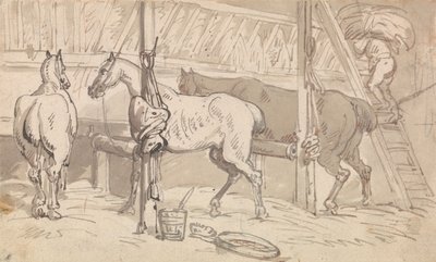 Drie paarden in boxen door Thomas Rowlandson