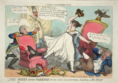 Drie weken na het huwelijk, of de grote kleine keizer die kiekeboe speelt, pub. 1810 (handgekleurde gravure) door Thomas Rowlandson
