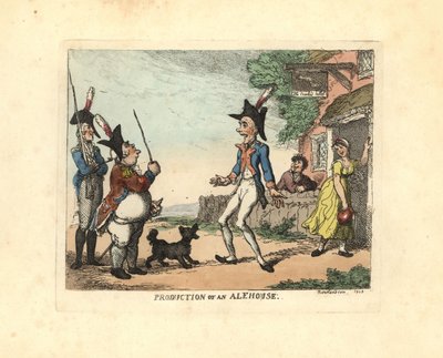 Drie soldaten in uniform marcheren buiten een taverne door Thomas Rowlandson