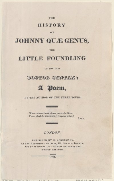 Titelpagina, uit The History of Johnny Quae Genus, The Little Foundling of the Late Docto door Thomas Rowlandson