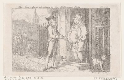 Tom Jones geweigerd door de portier van de edelman, uit De geschiedenis van Tom Jones, een F..., 1792 door Thomas Rowlandson